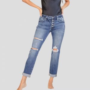 Elitee womens ripped straight leg jeans slim fit cropped cuffed denim pants