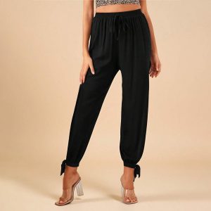 Elitee black high waisted drawstring casual harem pants with split tie cuffs for women
