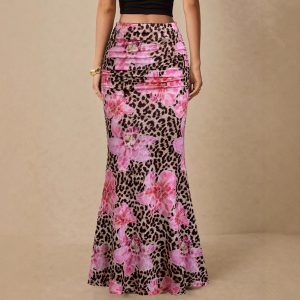 Elitee womens leopard print midi skirt bodycon long skirt polyester milk silk