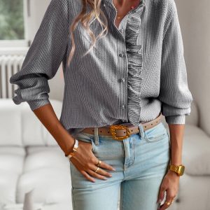 Elitee women's striped ruffle button-up blouse long sleeve elegant office shirt