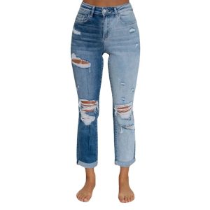 Elitee Women’s Gradient-Dye Ripped Jeans – Mid-Rise Straight Leg Denim Pants