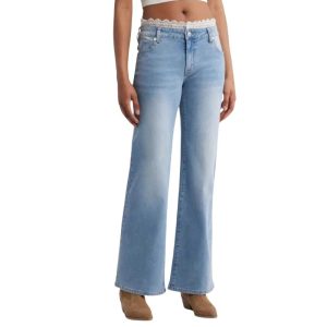 Elitee Women’s Lace-Trimmed Wide-Leg Jeans – Mid-Rise Stretch Denim Pants