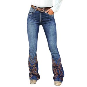 Elitee Women’s Retro Embroidered Flared Jeans – Mid-Rise Stretch Denim